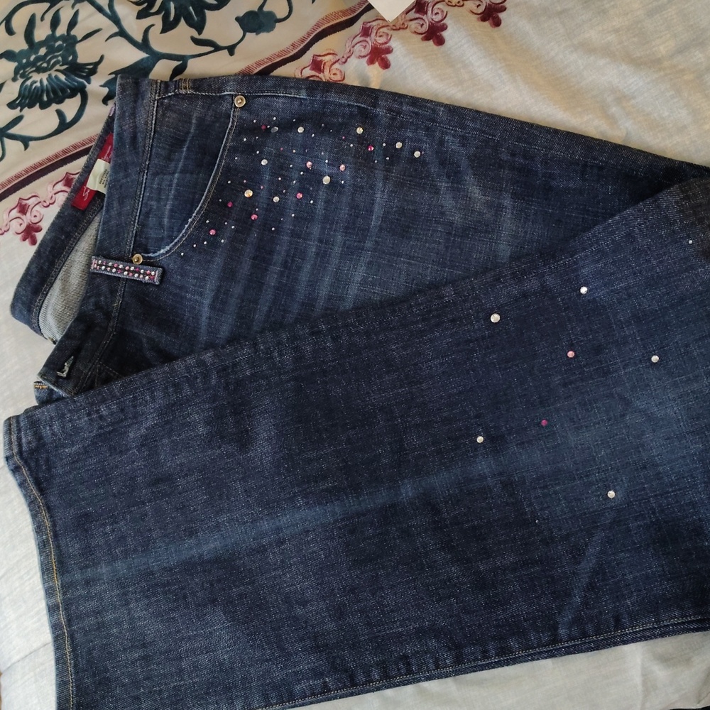 Seven7 Med/Dark Wash Pink/Silver Bedazzled Bootcut Jeans Women's Size 20